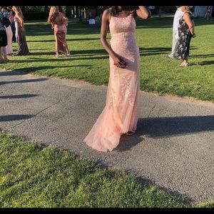 Pink floral prom dress with lace up back
